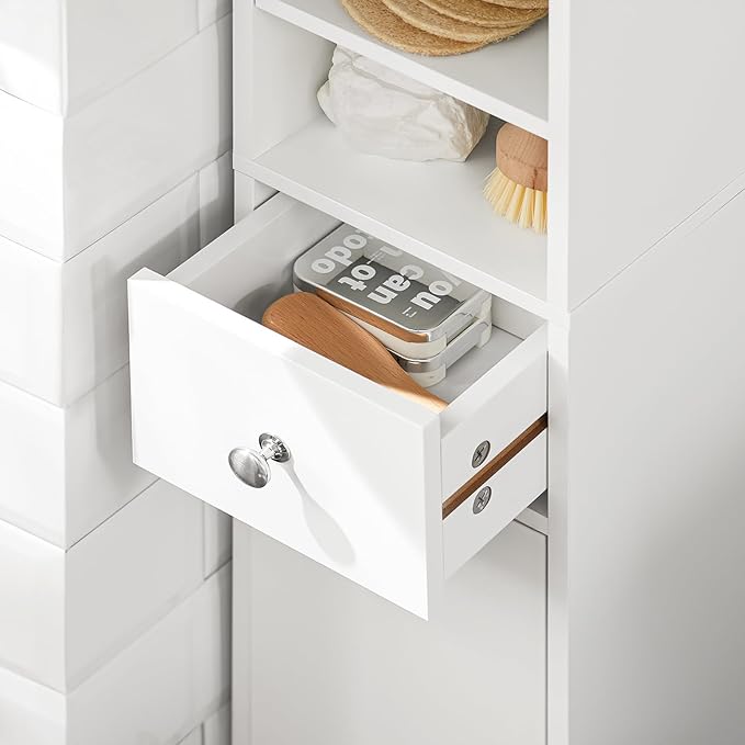 SoBuy Bathroom Narrow Storage Cabinet, Skinny Tall Unit with Adjustable Shelves Slender, Slim Bathroom Organizers and Storage, Anti-Tipping Thin Floor Standing Cupboard Laundry Room, White BZR34-W