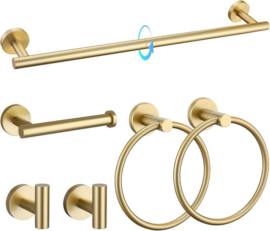 TQKAG Brushed Gold Bathroom Hardware Set 6-Piece Bathroom Accessory Set 23.6 Inch Round Stainless Steel Towel Bar Set Wall Mounted