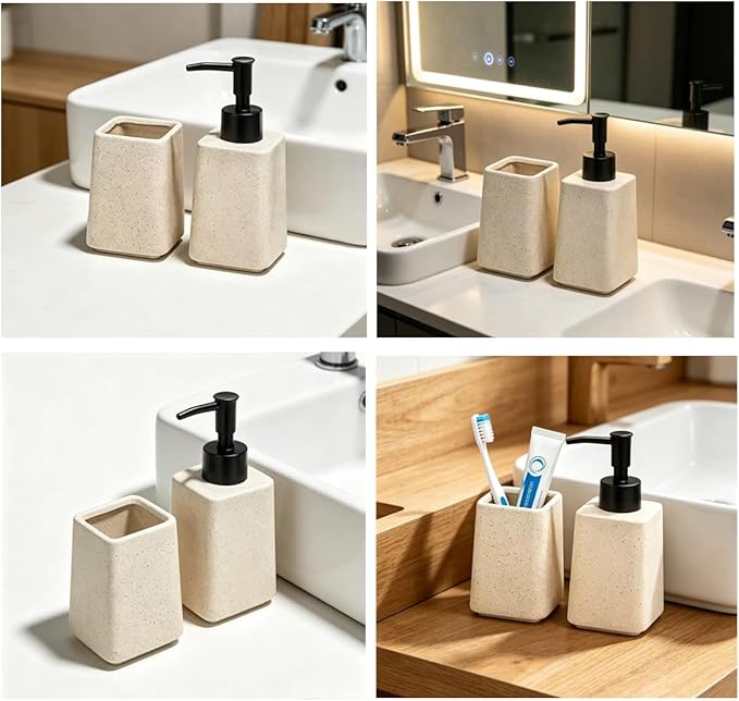 Beige Soap Dispenser and Toothbrush Holder Set,2pcs Ceramic Bathroom Accessories Set,Lotion Dispenser and Tumbler for Modern Bathroom Decor