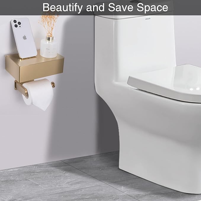Adhesive Toilet Paper Holder with Shelf and Storage, Wall Mount Toilet Paper Roll Holder & Flushable Wipes Dispenser Set Fits Any Bathroom, Stainless Steel Tissue Holder-Round, Gold
