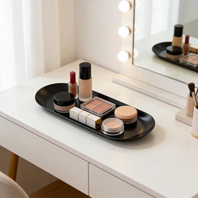 2 Pack Stainless Steel Decorative Tray, 12 Inch Oval Vanity Tray for Jewelry, Small Storage Plate for Cosmetics Organizer Bathroom Key Candle (Black)