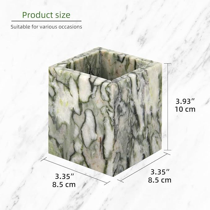 Natural Marble Toothbrush Holder for Bathroom Countertop (8.5x8.5x10cm) - Multifunctional Organizer for Makeup Brushes, Vanity Accessories & Utensils Sink (1, Green Emerald)