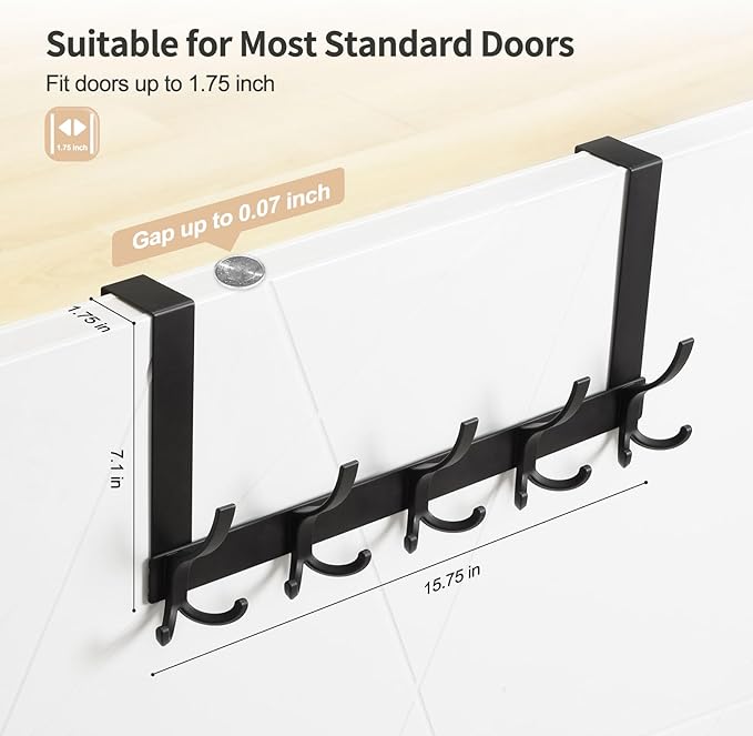 Optish Over The Door Hooks for Hanging, Over The Door Hanger, Over The Door Towel Rack for Bathroom with 5 Triple Coat Hooks, Bathroom Towel Holder Towels Hanger (Black, 1 Pack)