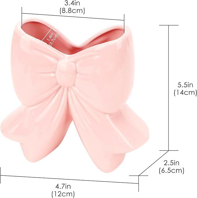Cute Toothbrush Holder, Ceramic Bow Toothbrush Holder, with Drain Hole Bathroom Countertop Accessories, for Bathroom Canister Storage Organization, Vanity Makeup Organizer (Pink)