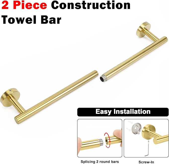 NearMoon Bath Towel Bar, Thicken Stainless Steel Shower Towel Rack Holder Wall Mounted for Bathroom, 24-lnch Overall Length-21-lnch Usable Hanging Space (1 Pack, Brushed Gold)
