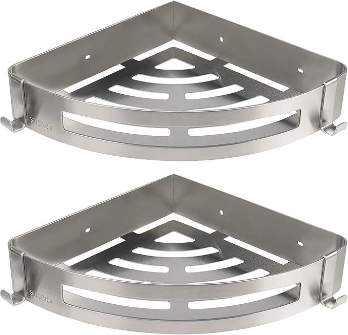 NearMoon Bathroom Shower Caddy 2 Pack, 304 Stainless Steel Shower Organizer with 2 Hooks, No Drill (Corner Shelf, Brushed Nickel)
