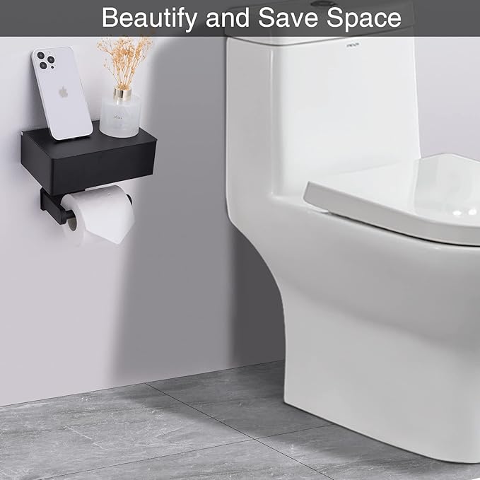 Adhesive Toilet Paper Holder with Shelf and Storage, Wall Mount Toilet Paper Roll Holder & Flushable Wipes Dispenser Set Fits Any Bathroom, Stainless Steel Tissue Holder-Round, Black