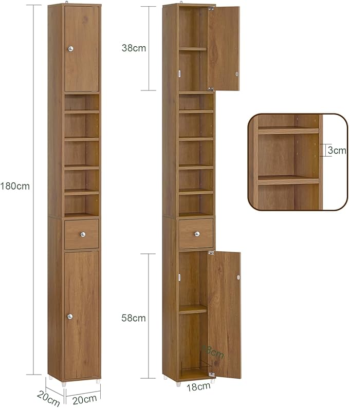 SoBuy Bathroom Narrow Storage Cabinet Skinny Tall Unit with Adjustable Shelves Slender Anti-Tipping Floor Standing Cupboard, Natural BZR34-PF