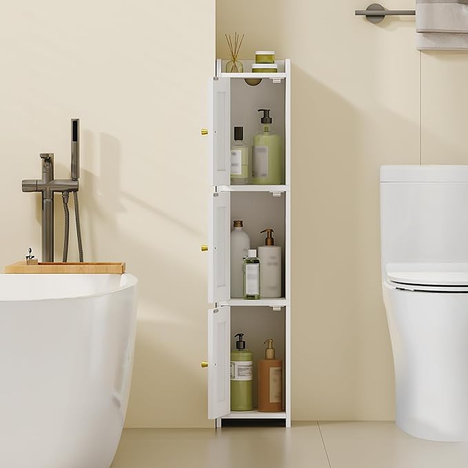 HEXCELEN Slim Bathroom Storage Cabinet, Narrow Cabinet with 3 Doors, Small Bathroom Organizers and Storage, Laundry Room Organization for Small Space, Kitchen, Living Room, White 022313X