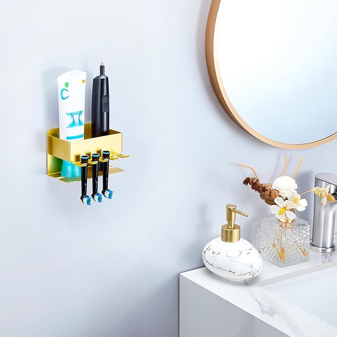 Toothbrush Head Holders, Electric Tooth Brush Head Holder, Adhesive Toothpaste Holder for Shower Bathrooms, Wall Mounted Tooth Brushing Holder Organizer Storage (Gold, Small)