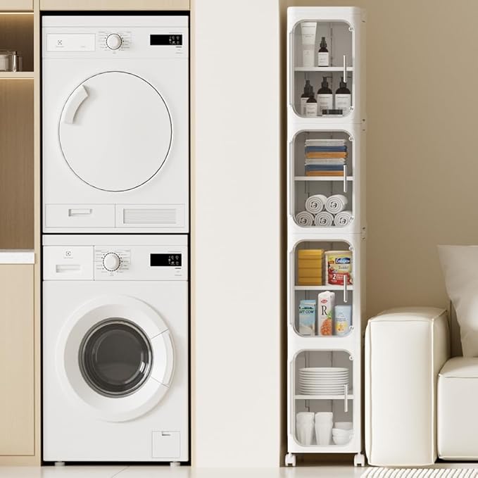 HIYOHIYO 4-Tier Tall Narrow Bathroom Storage Cabinet with Movable and Locking Wheel Design, Slim Storage Cabinet with Adjustable Shelves for Small Space and Kitchen Narrow Spaces, White (Width 8.5")