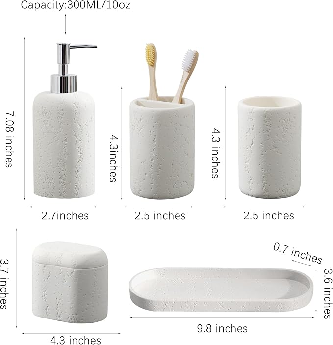 Bathroom Accessories Set, 5PCS Modern Bathroom Accessory Set with Soap Dispenser, Mouthwash Cup & Toothbrush Holder, Qtip Holder, Tray