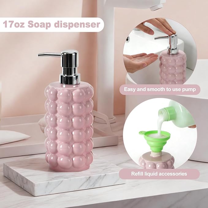 4 Piece Ceramic Bathroom Accessories Set –Soap Dispenser,Toothbrush Holder,Tumbler & Soap Dish,Includes Silicone Funnel,Non-Slip,Modern Farmhouse Countertop Organizer Set for Bathroom Decor, Pink