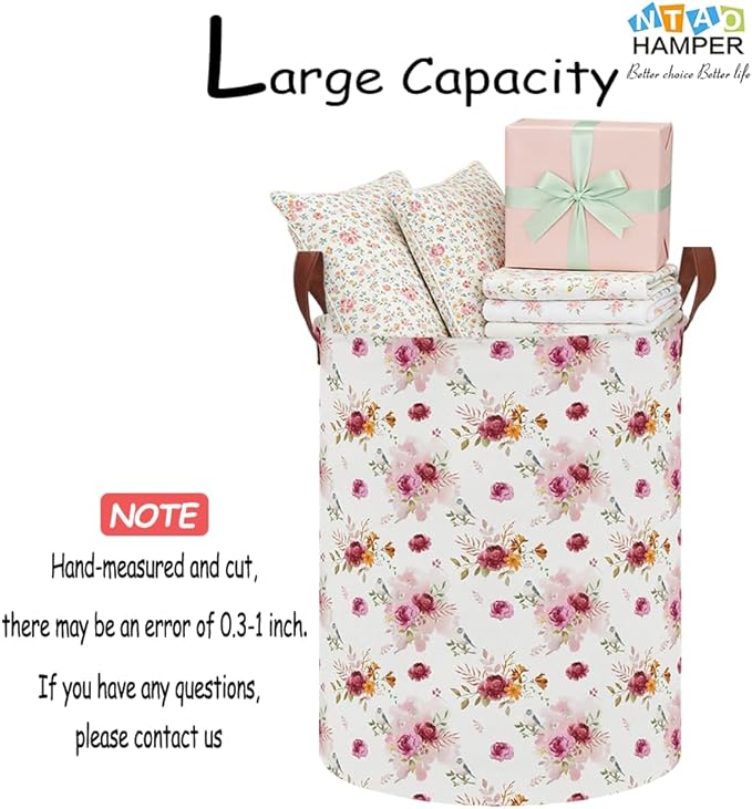 NTAOHAMPER Retro Pink Floral Large Laundry Hamper,Laundry Basket,Baby Nursery Hamper,Waterproof Storage Bin,Clothes Organizer Basket,Room Decor(Retro Pink Floral）