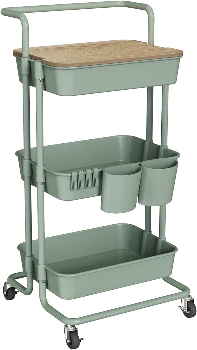 DTK 3 Tier Rolling Utility Cart with Cover Top Board, Movable Kitchen Storage Cart Trolley with Lockable Wheels, Cups, Hooks for Kitchen Bathroom Home Office Art Craft Storage(Turquoise/Green)
