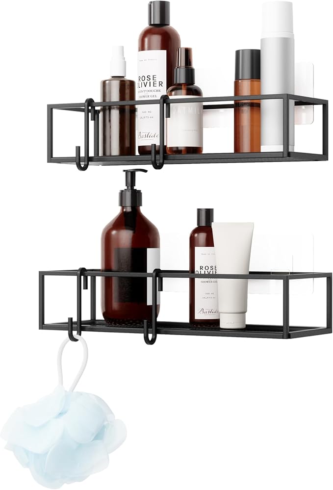 Umbra Cubiko Shower Shelf, Metal Floating Shelves with Adhesive Mounting Strips, 2-Pack, Black