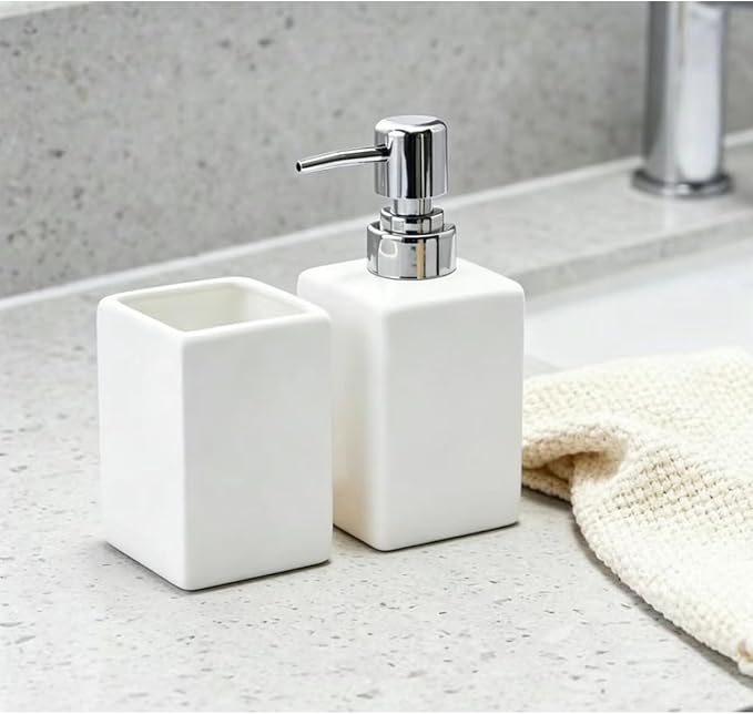 White Bathroom Accessories Set 2Pcs,Ceramic Soap Dispenser and Toothbrush Holder,Modern Decor Square Countertop Bath Set with Toothbrush Cup