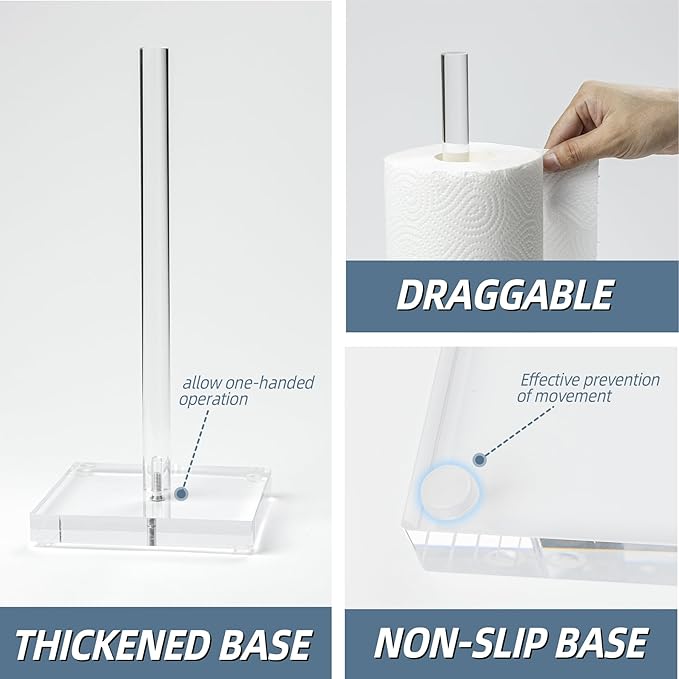 Antimbee Transparent Acrylic Paper Towel Stand Holder, Freestanding Tabletop Roll Paper Tower Holder, Countertop Paper Towel Dispenser for Kitchen, Bathroom, Coffee Table (Pack of 2)