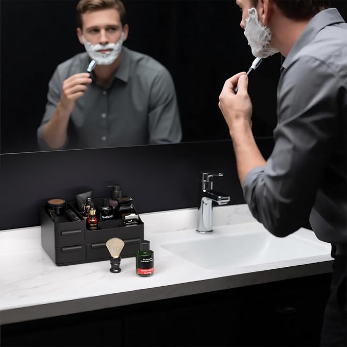 Mens Cologne Organizer with 3 Drawers & 7 Top Compartments: Men's Vanity Organizer, Perfume Stand & Cologne Shelf - Bathroom Countertop Storage for Shaving Kit, Skincare, Gifts for Men
