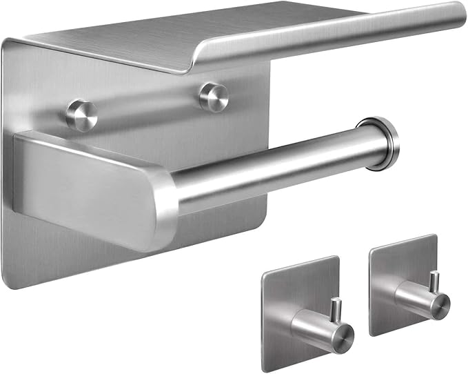 Tindbea Toilet Paper Holder Wall Mount + Towel Robe Hooks, Adhesive or Screw Wall Mounted Toilet Paper Roll Holder with Shelf, Stainless Steel Bathroom Organizers and Storage Kit (Brushed Nickel)