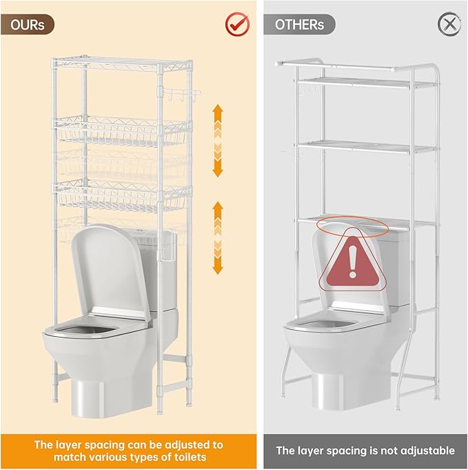 Golpart 3-Tier Over-The-Toilet Storage Shelf,Heavy-Duty Adjustable Bathroom Rack with 2 Mesh Baskets,Toilet Paper Holder & Hooks,Space-Saving Organizer for Bathroom,10”D x 24”W x 66”H,White