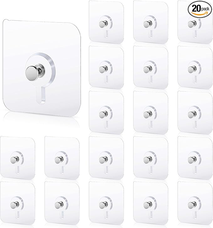 Nogeqi 20 Pcs Self Adhesive Wall Hooks No Drill Hooks for Hanging, No-Trace Sticker Frame Hangers Without Nails for Mount Wall Shelf, Heavy Duty Adhesive Wall Hooks for Kitchen, Bathroom