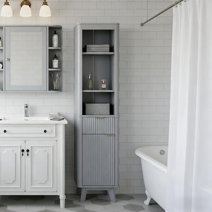 XIAO WEI 68" Tall Bathroom Storage Cabinet, Narrow Bathroom Storage Cabinets with 3 Adjustable Shelves, Slim Wooden Storage Cabinet with 1 Drawer & Door for Bathroom, Grey