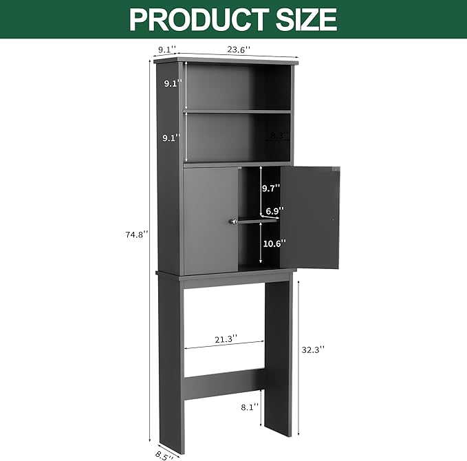 Nuturelly Over The Toilet Storage Cabinet, Bathroom Storage Organizer with Adjustable Shelves and Double Wooden Doors, Freestanding Above Toilet Storage with Open Shelf, Wooden Toilet Rack, Gray