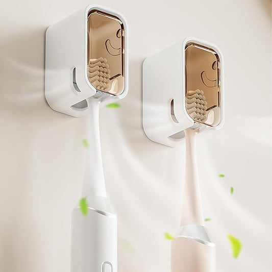 2 Pack Toothbrush Holders for Bathroom, Self Adhesive Wall Mounted Toothbrush Holder with Cover, Single Toothbrush Dispenser Storage Organizer for Family, Travel, Waterproof and Dustproof (Brown)