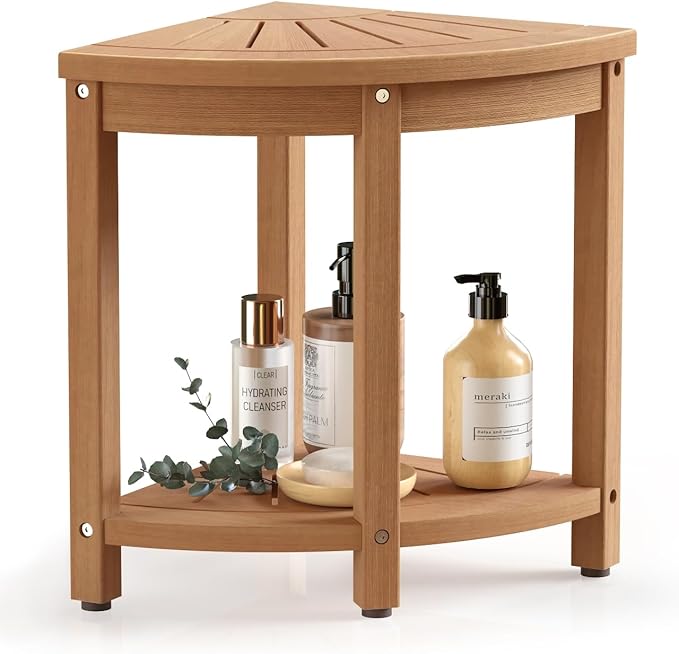 Waterproof Corner Shower Stool for Inside Shower, Poly Lumber Shower Bench Seat Chair, Bath Shower Stool for Shaving Legs Foot Rest with Storage Shelf, Adjustable & Non-Slip Feet, Teak Brown