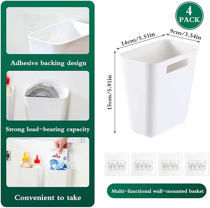 4 Pack Cabinet Door Organizer, Self Adhesive Wall Mount Storage Bins, No Drilling Food Grade ABS plastic for Kitchen, Bathroom, Refrigerator, Wardrobe, Under Sink, Desktop Sundries