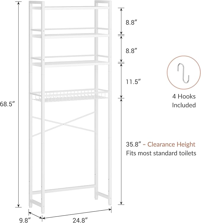 Over The Toilet Storage Rack, Bathroom Organizer with 3 Shelves & Basket, Space Saver Over Toilet Shelf with Adjustable Hooks, White