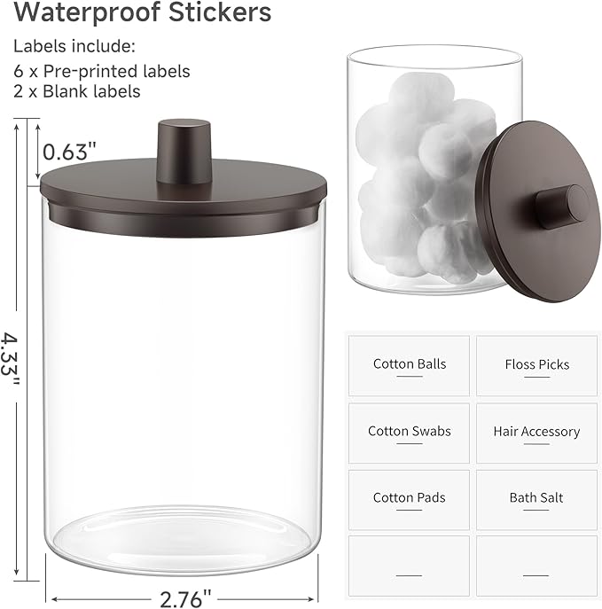 TIPGO Glass Qtip Holder Dispenser for Bathroom - 10 oz Clear Canister Apothecary Jar for Cotton Swabs, Balls, Pads, Floss Picks, Small Containers for Makeup Storage Organizer (2 Pack, Brown)