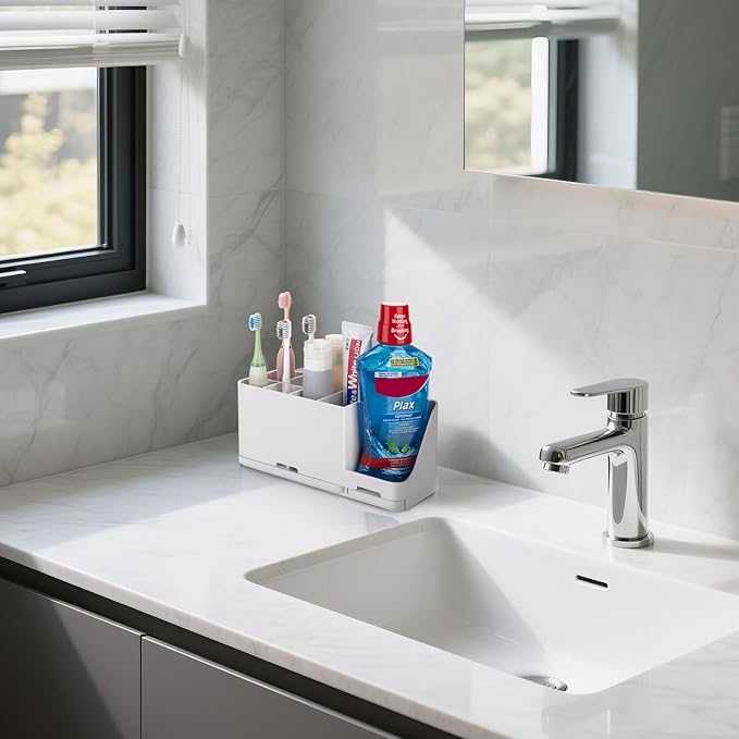 YONGAIJIA 8-Slot Toothbrush Holder with Quick-Dry Diatom Mud Board - Electric & Manual Toothbrush Organizer for Bathroom Countertop (White)
