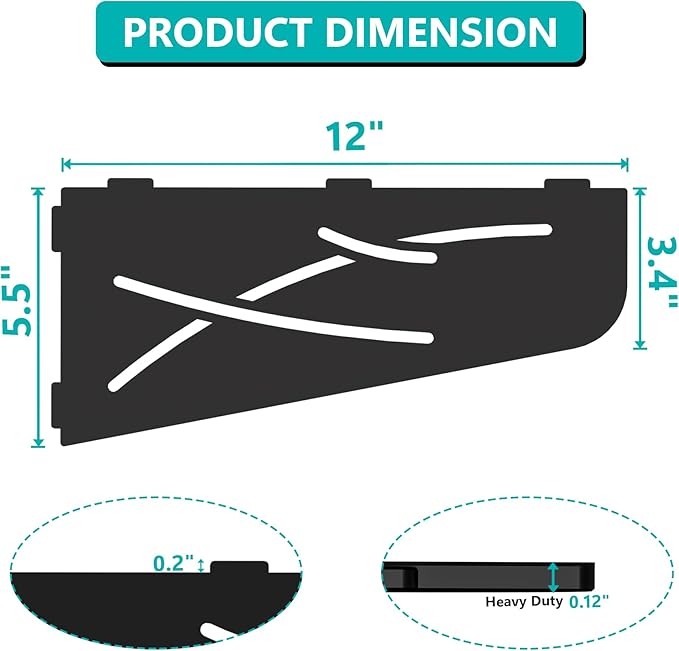 Qeke Shower Corner Shelf 304 Stainless Steel 12" Corner Shelf Bathroom Shampoo Holder for Shower Floating Corner Shelf for Wall, No Drilling, Matte Black, 2 Pack