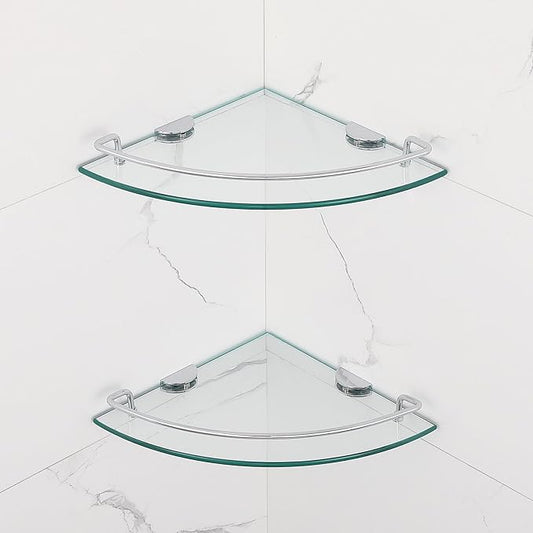 2 Ties Glass Corner Shelf with SUS 304 Stainless Steel Rail Chrome Finished, Esquinero para baños, Rustproof Tempered Glass Shelf, Shower Caddy Organizer 9.8" x 9.8"