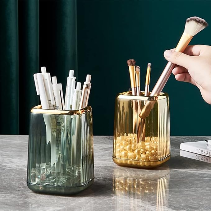 Makeup Brush Cup Holder Organizer for Vanity, Acrylic Vintage Green Make Up Brushes Holders Container Storage with Striped Design for Bathroom Countertop, Cute Pen Pencil Holder Cosmetic Cup for Desk