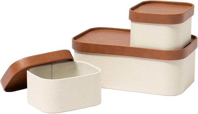 Beige Decorative Storage Boxes With Lids, Storage Baskets with Leather-Like Lids, Sturdy Stackable Paper Boxes Decorative Tray, Modern Basket Organizer Bins for Jewelry Shelve Bathroom Bedroom