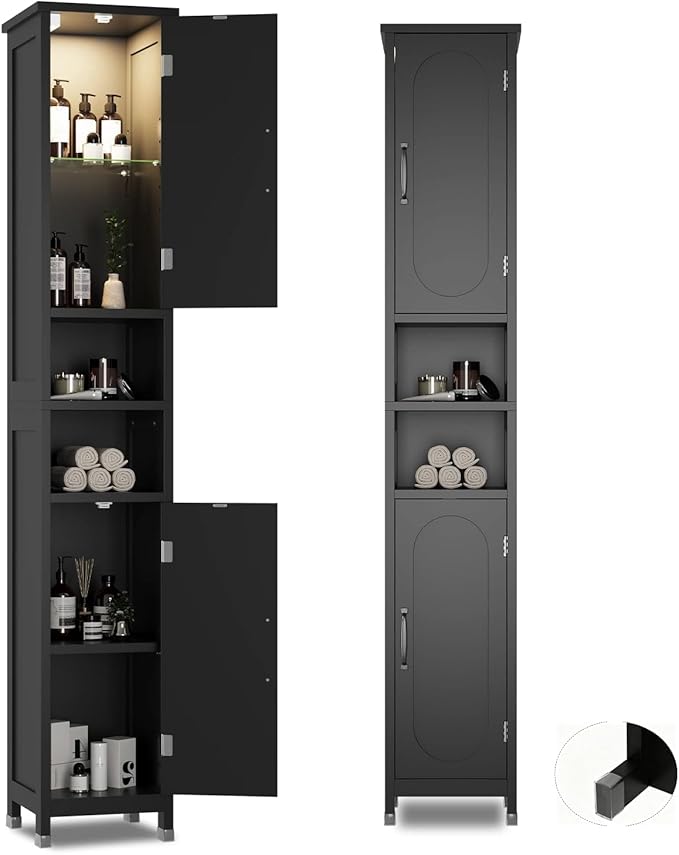 Hawkrown 67" Tall Bathroom Storage Cabinet with Lights, Slim Narrow Bathroom Cabinet Organizer with Doors and Adjustable Shelves, Tall Cabinet for Small Space (66.9" Tall-Black with Light)