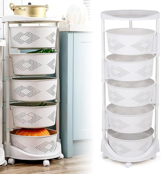 5 Tier Multi-Layer Kitchen Storage Rack, Rotating Storage Shelves Organizer,Floor Standing Storage Rack Basket Shelf Kitchen Storage Cart with Wheels Storage Basket for Living Rooms, Kitchens (White)