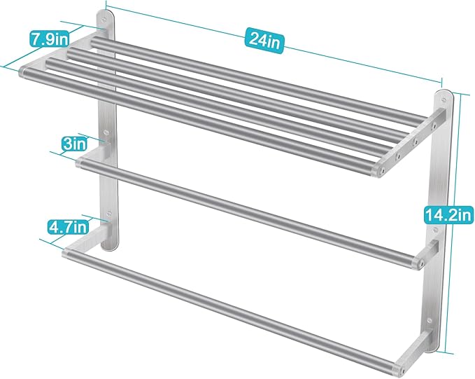 24 inch Towel Racks for Bathroom, VOTZAAQ Towel Shelf with Double Towel Bar, Stainless Steel Towel Storage for Lavatory Wall Mounted, 3-Tier Towel Hanger Towel Holder, Brushed Nickel