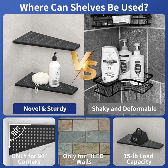 Corner Shower Shelf, Matte Black 12" Trapezoid Grout in Shampoo Shelf, 304 Stainless Steel Grid Design Recessed Bathroom Shelf for Tiled Wall
