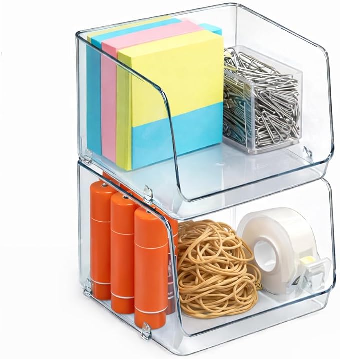 Azar Displays 556720-2PK Small Clear Stackable Bin Compact Transparent Storage Organizer for Pantry Drawer Bathroom and Desk BPA-Free Plastic (Pack of 2)