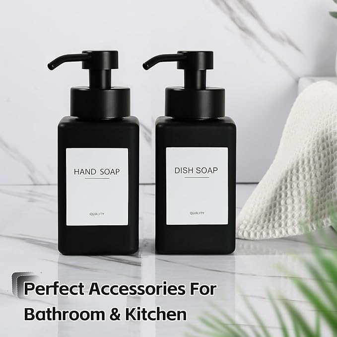 Black Foaming Hand Soap Dispenser, 12oz/350ml Glass Square Foam Soap Dispenser Set, 2Pcs Foaming Soap Dispenser with Foaming Pump, Refillable Soap Foam Dispenser for Bathroom, Kitchen
