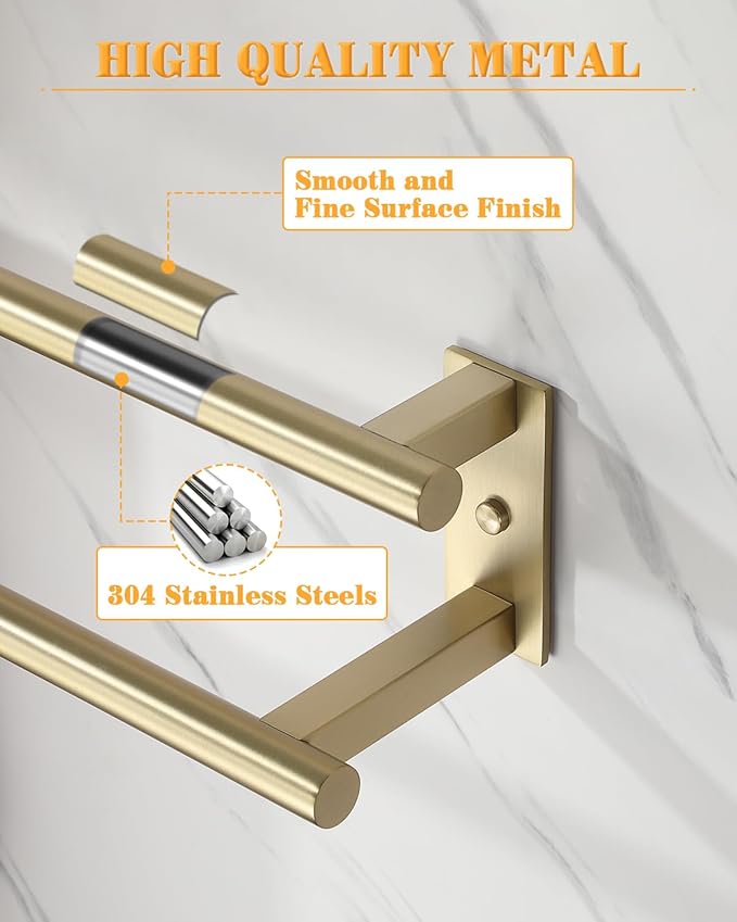 Alise Bathroom Double Towel Bar, 24 Inch Wall Mount Towel Holder, Towel Racks for Bathroom, SUS304 Stainless Steel Towel Hanger, Thickened Pipe with Strong Load-Bearing Capacity, Gold
