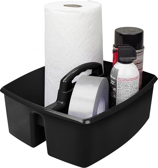 Storex 2-Compartment Large Cleaning Caddy – Multipurpose Supply Organizer with Handle - Black, 1-Pack (00973A06C)