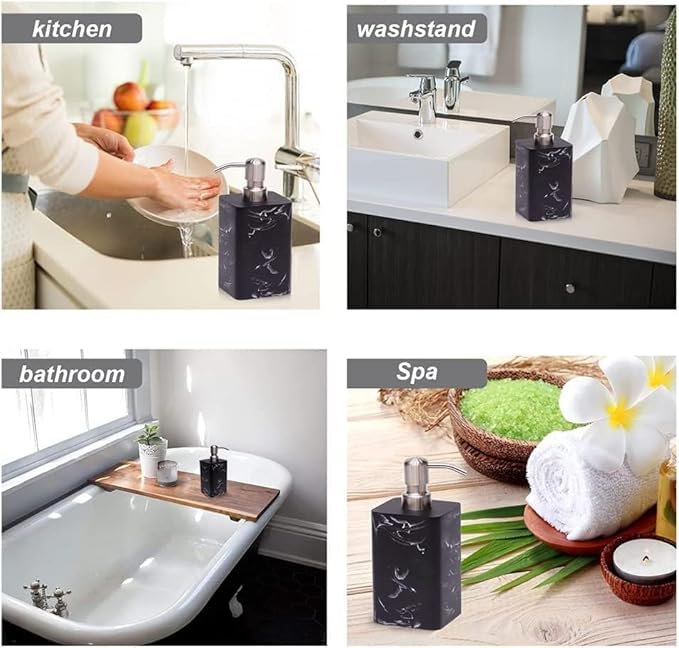 2Pcs 15Oz Black Marble Style Resin Soap Dispenser Set, Refillable Hand Soap Dispenser for Bathroom Countertop & Kitchen Home Decor- Black