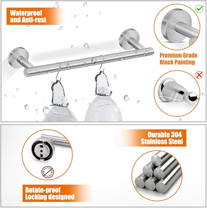 Tudoccy 5-Pieces Bathroom Hardware Set Brushed Nickel SUS304 Stainless Steel Round Wall Mounted - Includes 16" Hand Towel Bar, Toilet Paper Holder, 3 Robe Towel Hooks,Bathroom Accessories Kit