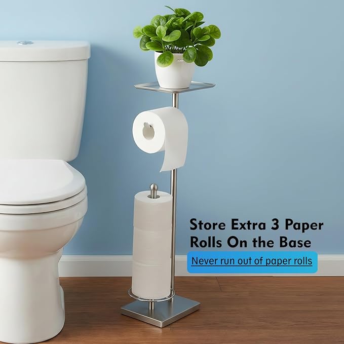 Toilet Paper Holder with Shelf, Toilet Paper Stand with Storage for Holding Extra 3 Rolls, Freestanding Toilet Paper Holder for Bathroom (Brushed Nickel with Metal Base)