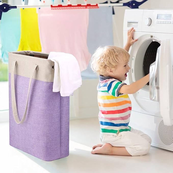 Laundry Basket with Handles Beige&Purple Slim Laundry Bin Collapsible Dirty Clothes Basket Narrow Laundry Bag Foldable Dirty Hamper for Camping, Dorms, Apartments
